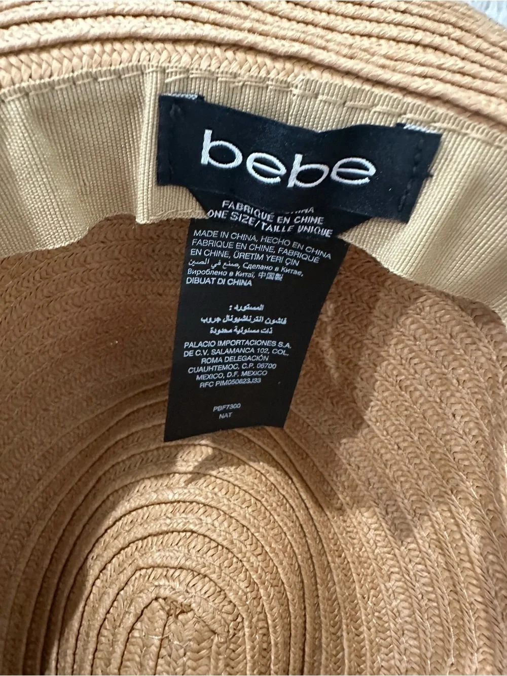 bebe Tan Straw Sun Hat with Black Ribbon and Gold Logo